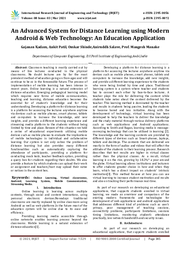(PDF) IRJET- An Advanced System for Distance Learning using Modern ...