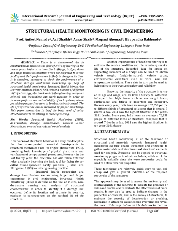 (PDF) IRJET- STRUCTURAL HEALTH MONITORING IN CIVIL ENGINEERING