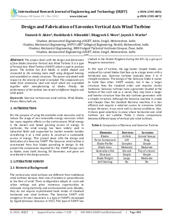 (PDF) IRJET- Design and Fabrication of Savonius Vertical Axis Wind Turbine