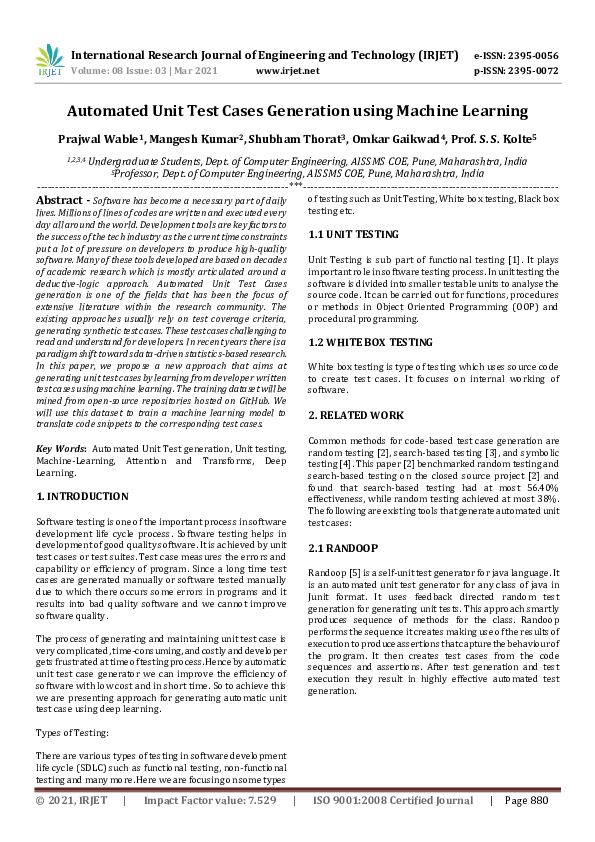 (PDF) IRJET-Automated Unit Test Cases Generation using Machine Learning