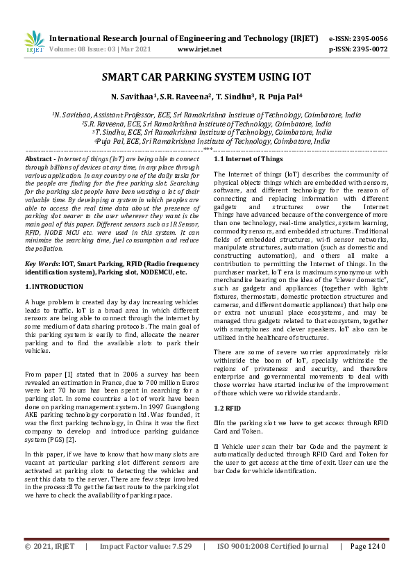 (PDF) SMART CAR PARKING SYSTEM USING IOT
