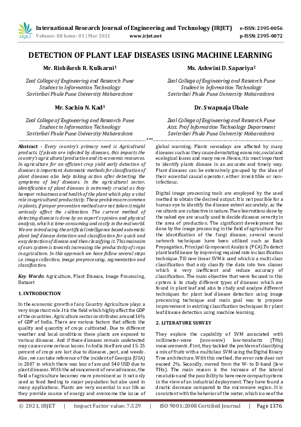 (PDF) IRJET- DETECTION OF PLANT LEAF DISEASES USING MACHINE LEARNING
