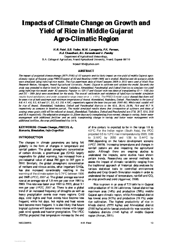 (PDF) Impacts of Climate Change on Growth and Yield of Rice in Middle ...