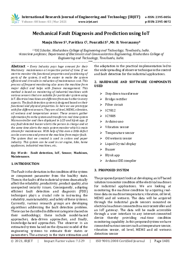 (PDF) IRJET- Mechanical Fault Diagnosis and Prediction using IoT