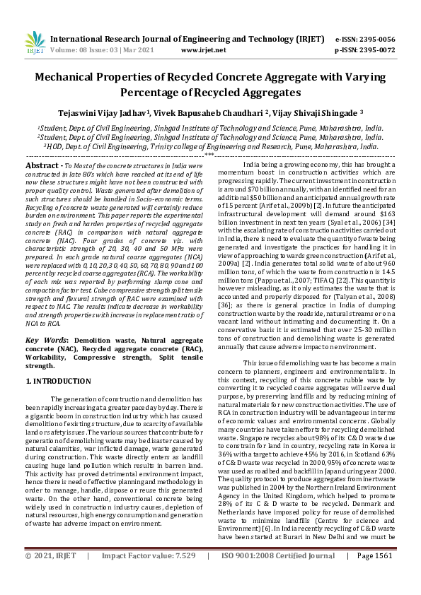 (PDF) IRJET- Mechanical Properties of Recycled Concrete Aggregate with ...