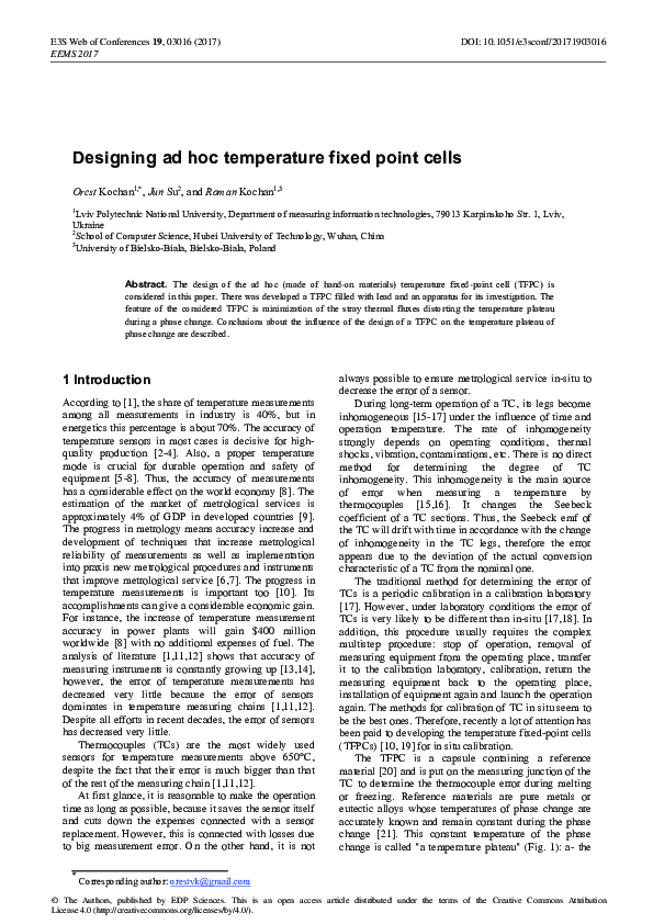 (PDF) Designing ad hoc temperature fixed point cells Roman Kochan