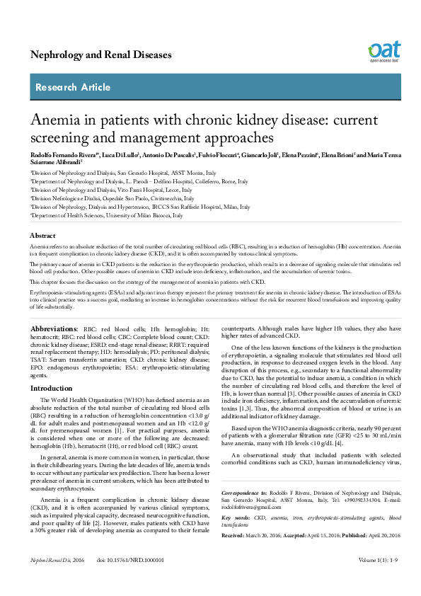 (PDF) Anemia in Patients with Chronic Kidney Disease: Current Screening ...