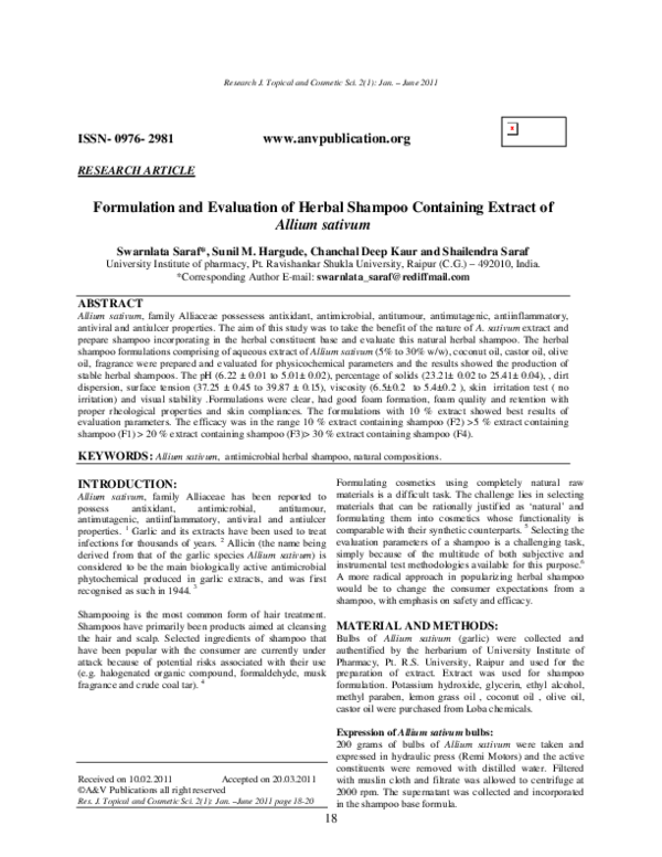 (PDF) Formulation and Evaluation of Herbal Shampoo Containing Extract ...