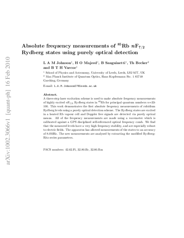 (PDF) Absolute frequency measurements of 85 Rb n F 7/2 Rydberg states ...