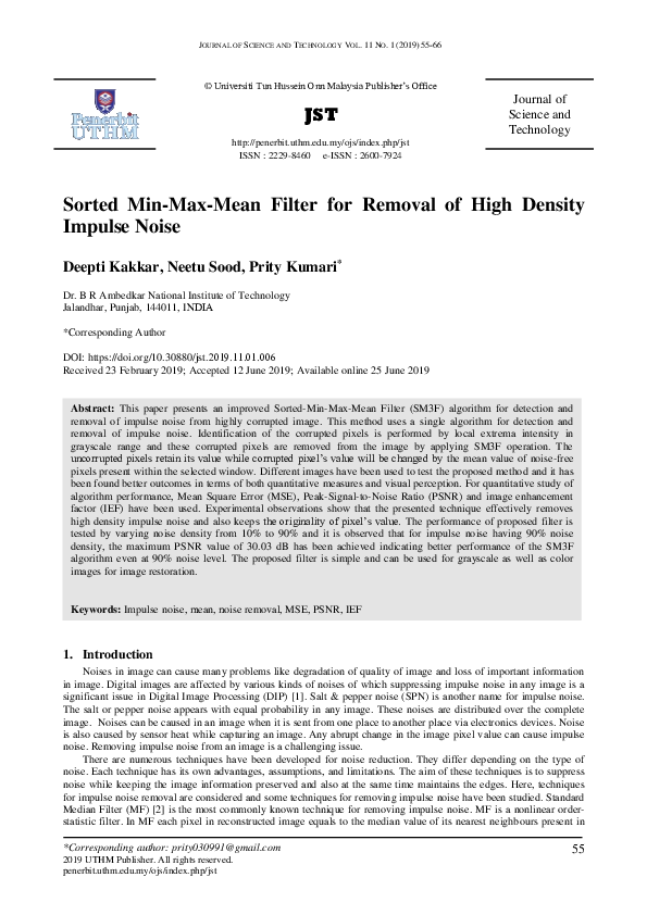 (PDF) Sorted Min-Max-Mean Filter for Removal of High Density Impulse Noise