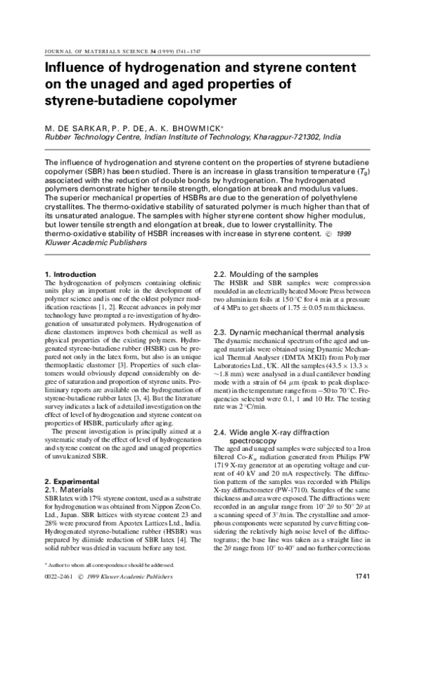 (PDF) Influence of hydrogenation and styrene content on the unaged and ...