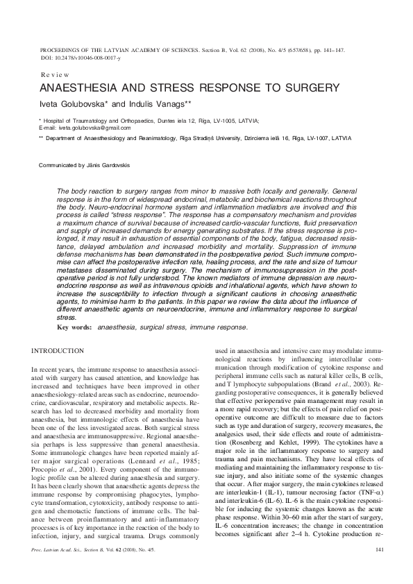 (PDF) Anaesthesia and Stress Response to Surgery
