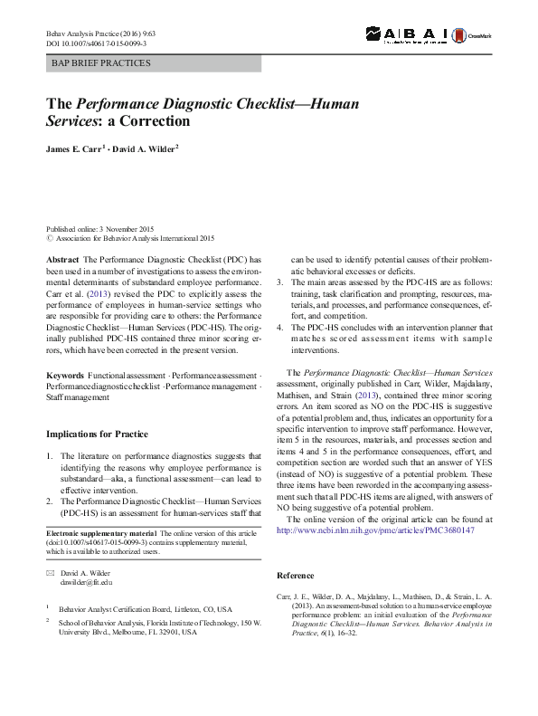 (PDF) The Performance Diagnostic Checklist—Human Services: a Correction