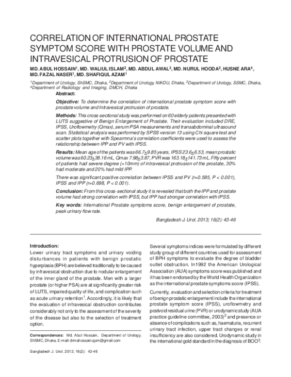 (PDF) Correlation of International Prostate Symptom Score with Prostate ...