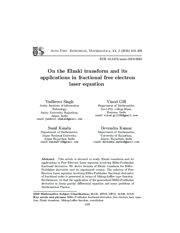 (PDF) On the Elzaki transform and its applications in fractional free ...