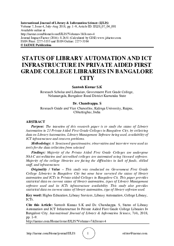 (PDF) STATUS OF LIBRARY AUTOMATION AND ICT INFRASTRUCTURE IN PRIVATE ...