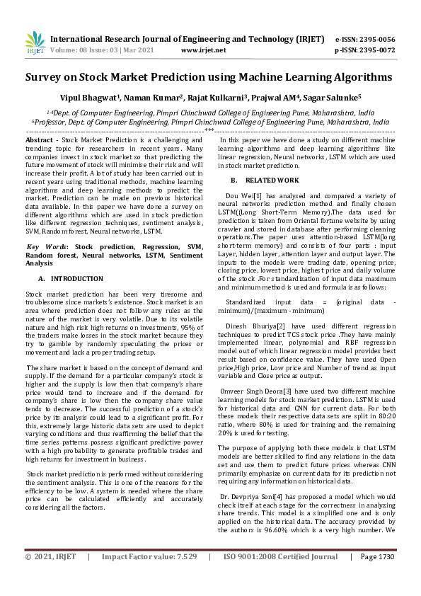 (PDF) IRJET- Survey on Stock Market Prediction using Machine Learning ...