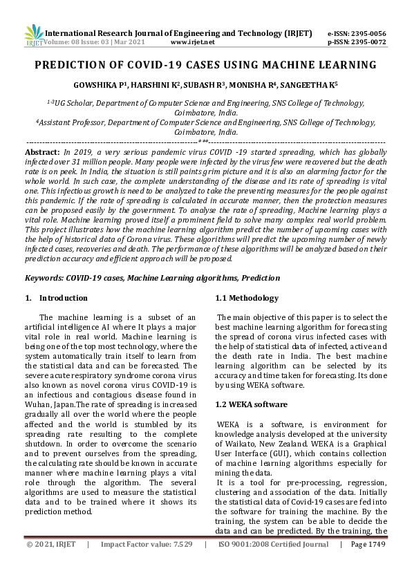 (PDF) IRJET- PREDICTION OF COVID-19 CASES USING MACHINE LEARNING