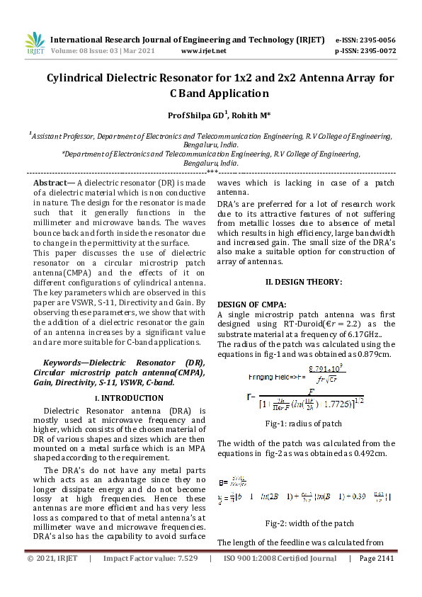 (PDF) IRJET- Cylindrical Dielectric Resonator for 1x2 and 2x2 Antenna ...