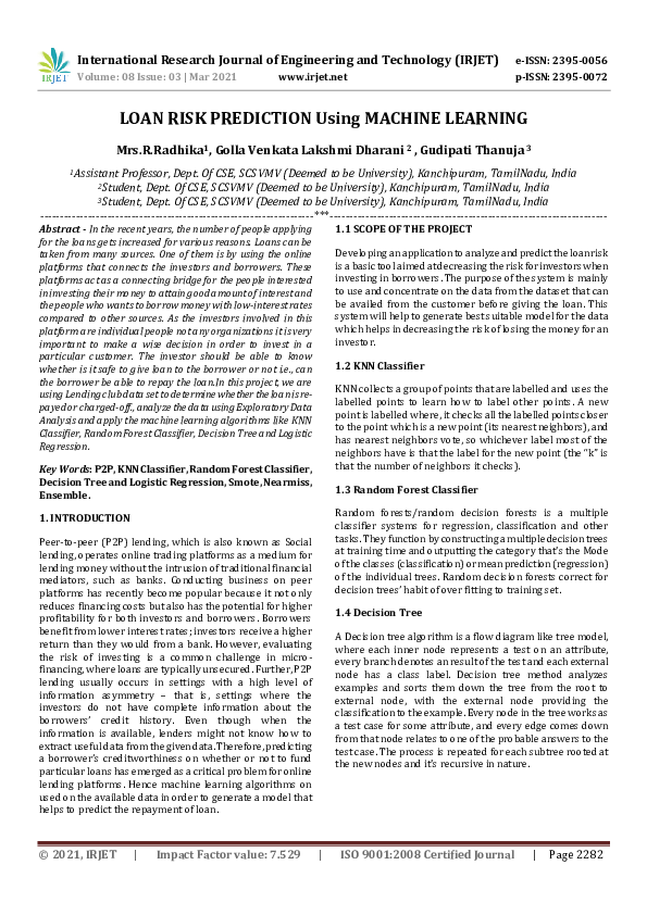 (PDF) IRJET- LOAN RISK PREDICTION Using MACHINE LEARNING