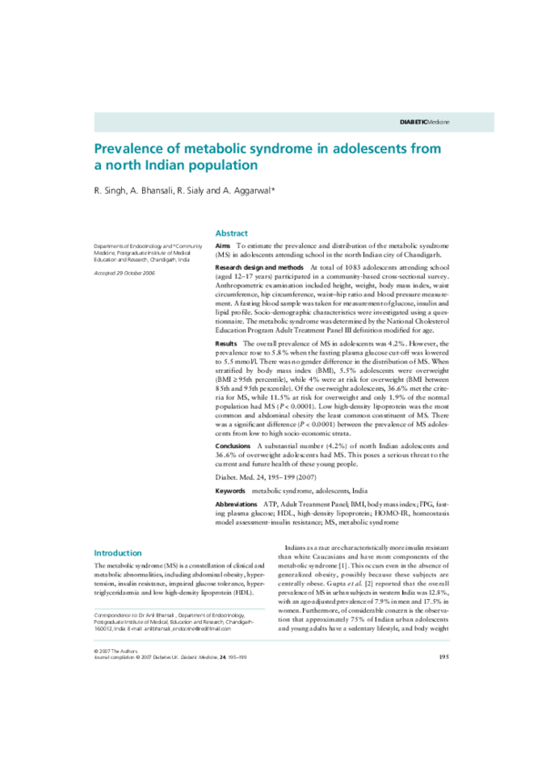(PDF) Prevalence of metabolic syndrome in adolescents from a north ...