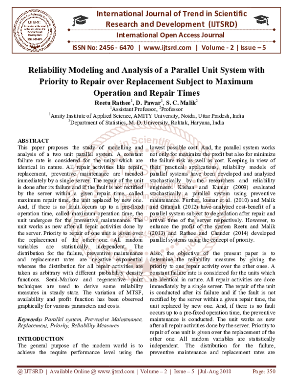 (PDF) Reliability Modeling and Analysis of a Parallel Unit System with ...