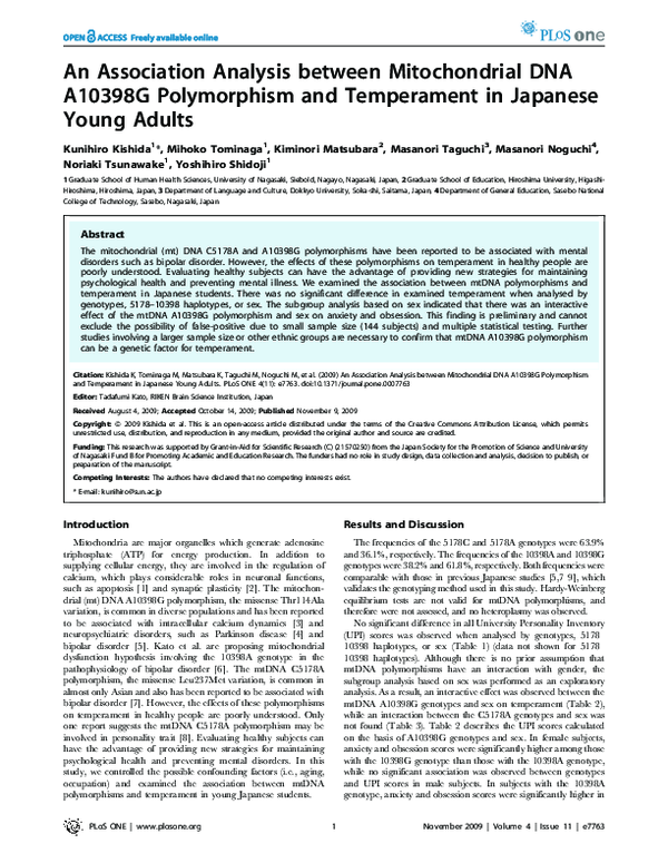 (PDF) An Association Analysis between Mitochondrial DNA A10398G ...