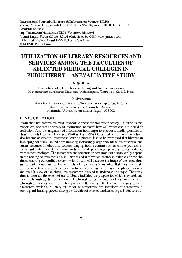 (PDF) UTILIZATION OF LIBRARY RESOURCES AND SERVICES AMONG THE FACULTIES ...