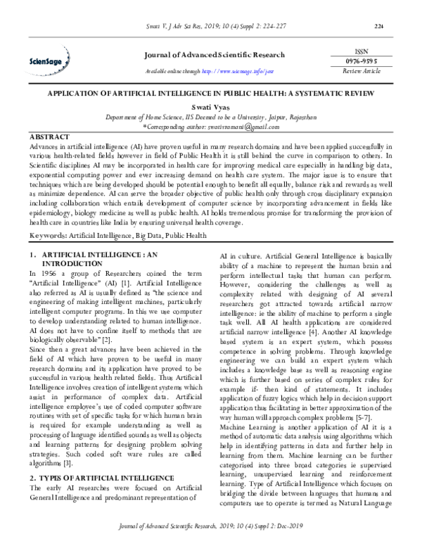 (PDF) Application of Artificial Intelligence in Public Health: A ...