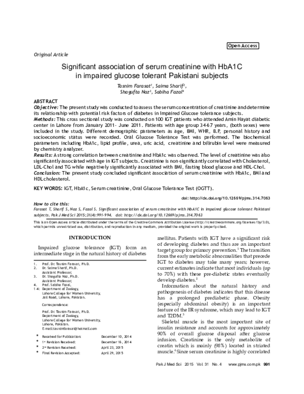(PDF) Significant association of serum creatinine with HbA1C in ...