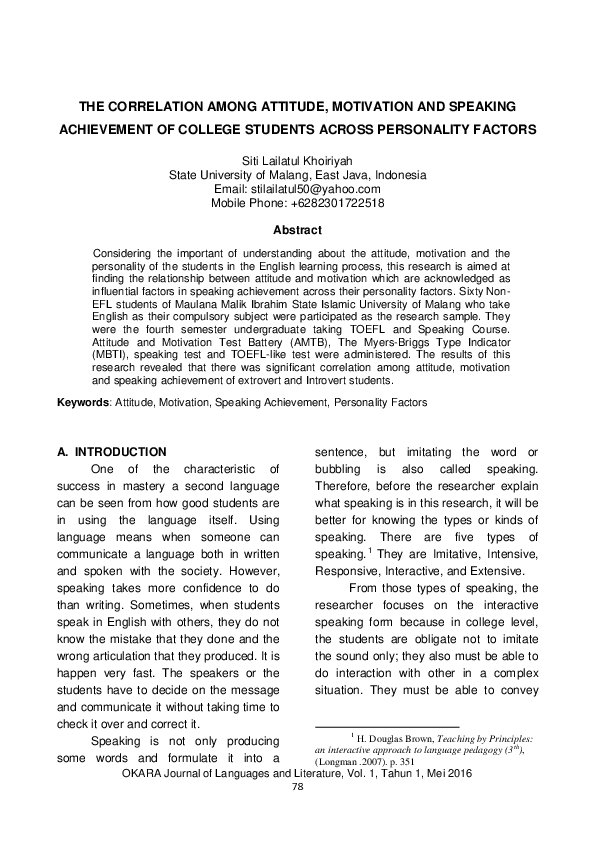 (PDF) The Correlation Among Attitude, Motivation and Speaking ...