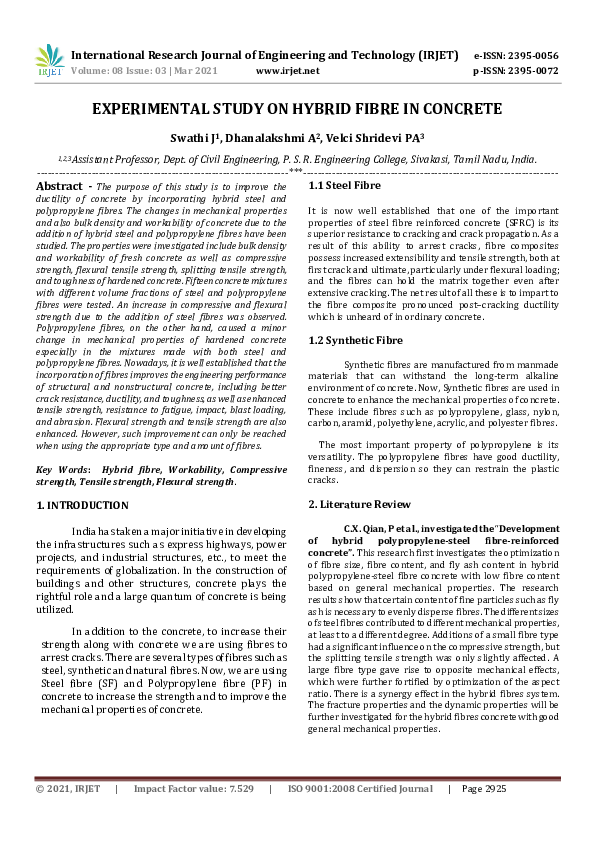 (PDF) IRJET- EXPERIMENTAL STUDY ON HYBRID FIBRE IN CONCRETE