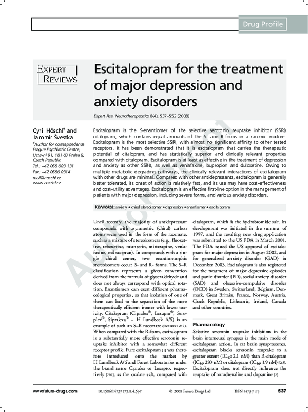 (PDF) Escitalopram for the treatment of major depression and anxiety ...