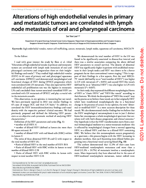 (PDF) Alterations of high endothelial venules in primary and metastatic ...