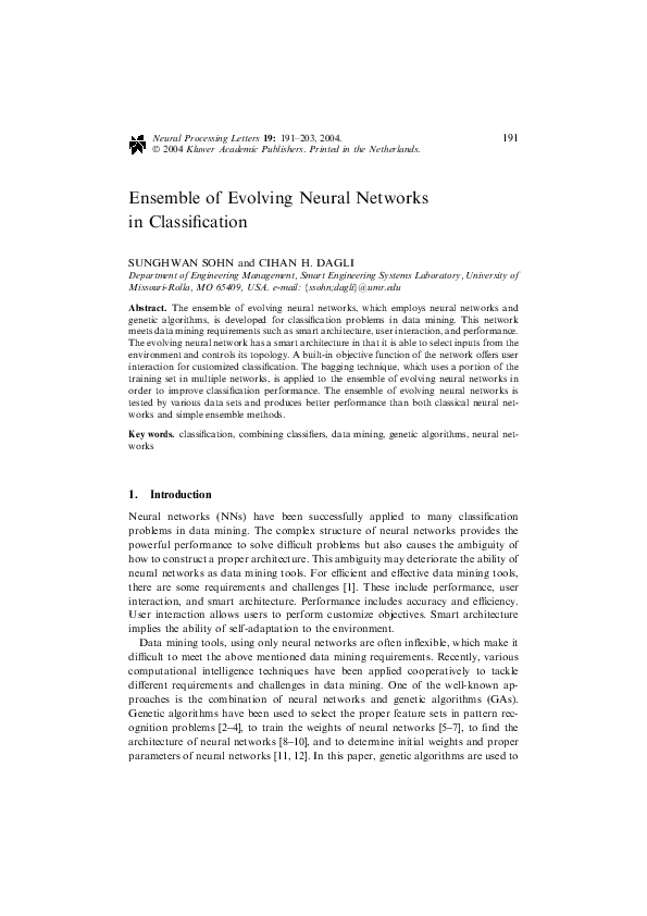 (PDF) Ensemble of Evolving Neural Networks in Classification