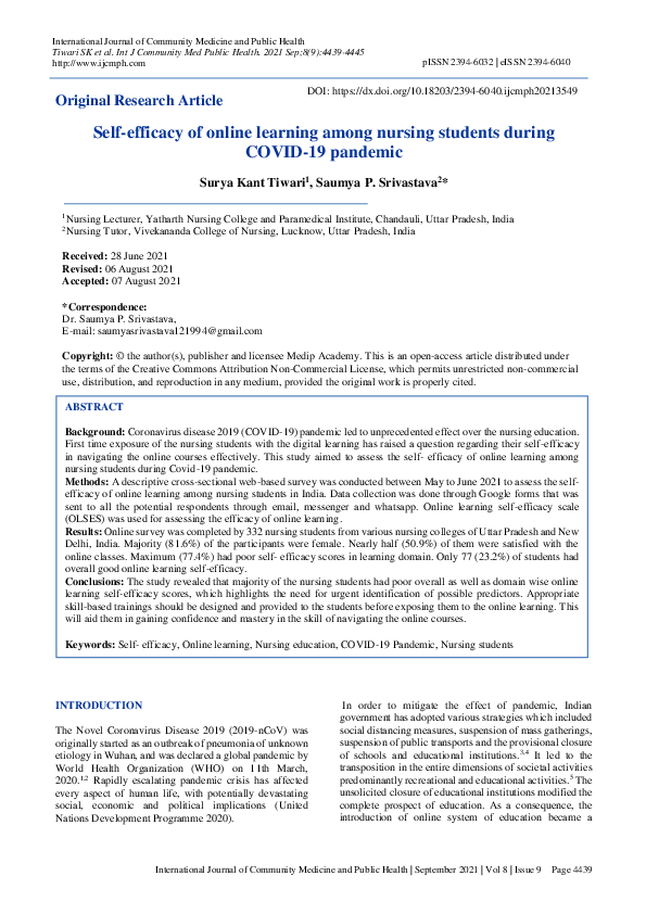 (PDF) Self-efficacy of online learning among nursing students during ...