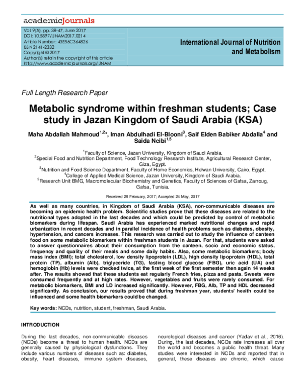 (PDF) Metabolic syndrome within freshman students; Case study in Jazan ...