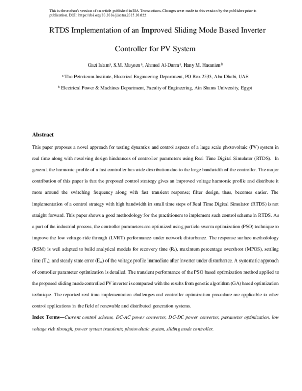 (PDF) RTDS implementation of an improved sliding mode based inverter ...