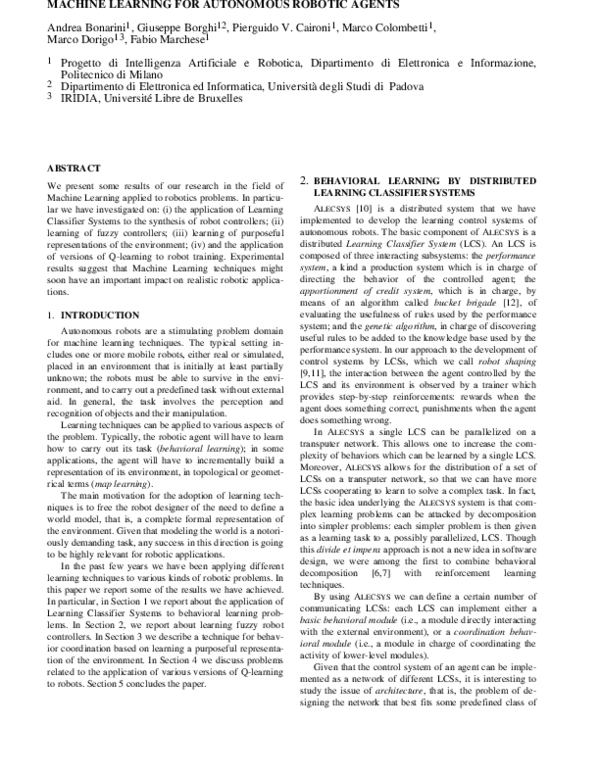 (PDF) Machine Learning For Autonomous Robotic Agents