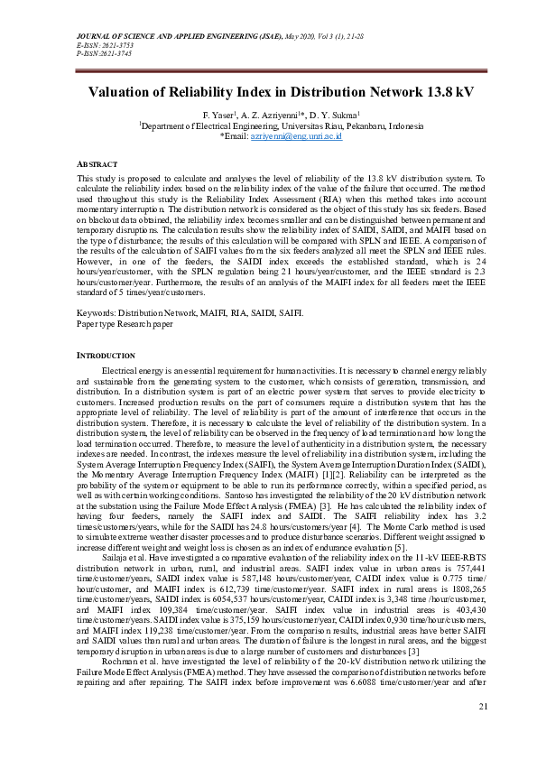 (PDF) Valuation of Reliability Index in Distribution Network 13.8 kV