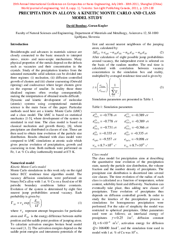 (PDF) Precipitation in Alloys: A kinetic Monte Carlo and Class Model Study