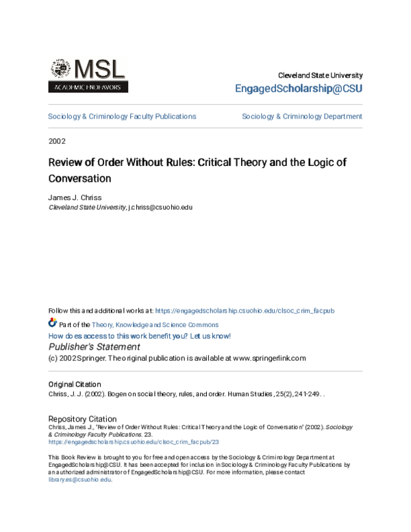 (PDF) Review of Order Without Rules: Critical Theory and the Logic of ...
