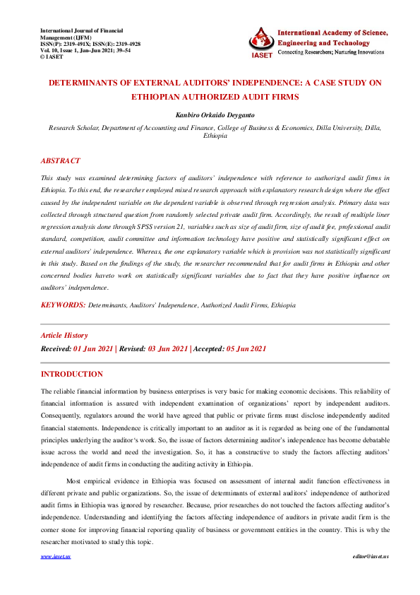 (PDF) DETERMINANTS OF EXTERNAL AUDITORS' INDEPENDENCE A CASE STUDY ON