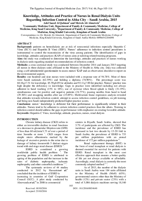 (PDF) Knowledge, Attitudes and Practice of Nurses in Renal Dialysis ...