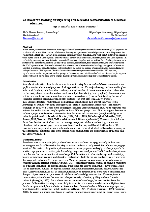 (DOC) Collaborative learning through computermediated communication in