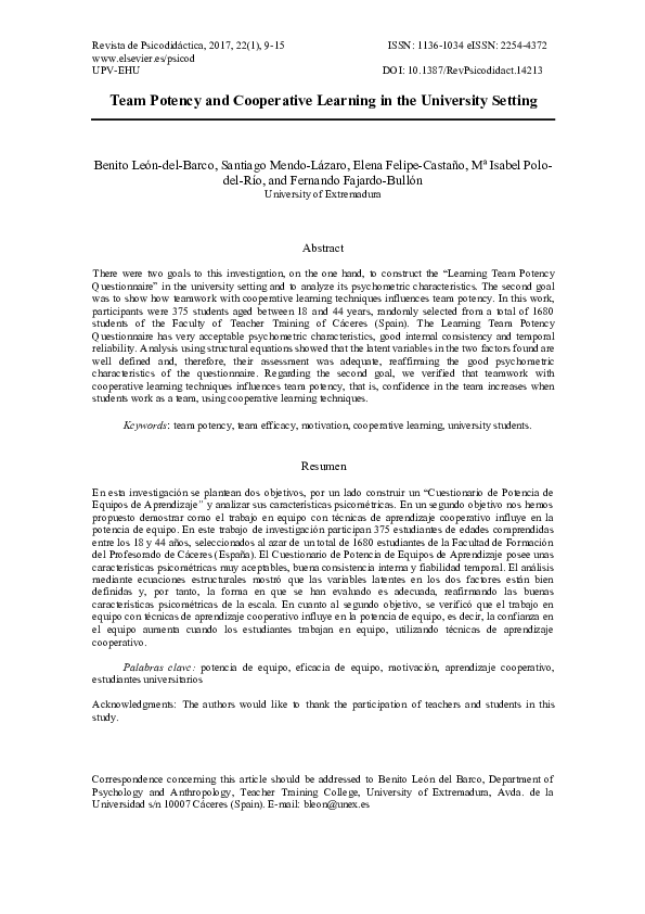 (PDF) Team Potency and Cooperative Learning in the University Setting ...