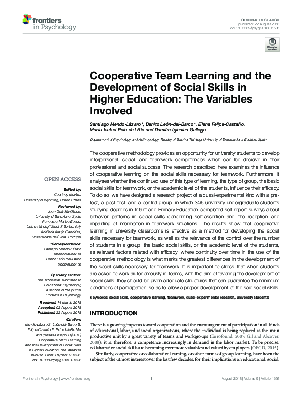 (PDF) Cooperative Team Learning and the Development of Social Skills in ...