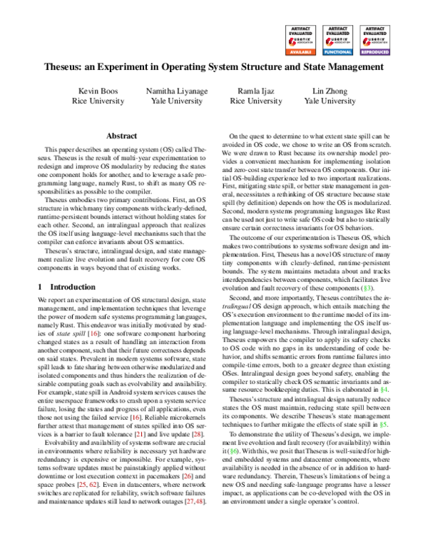 (PDF) Theseus: an Experiment in Operating System Structure and State ...