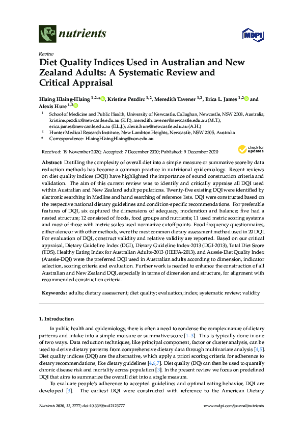 (PDF) Diet Quality Indices Used in Australian and New Zealand Adults: A ...