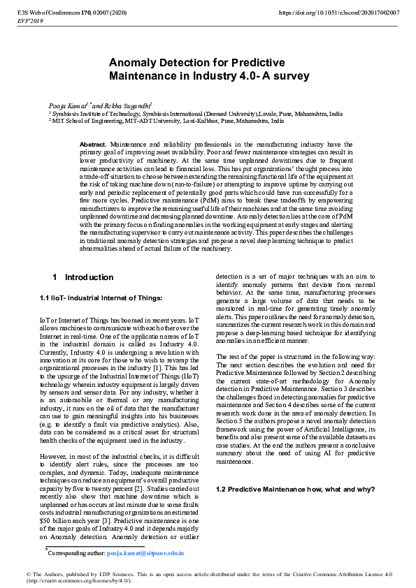 (PDF) Anomaly Detection for Predictive Maintenance in Industry 4.0- A ...